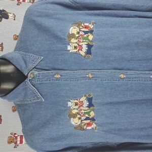 Vintage Women's embroidered cowboy western teddy bears med wash denim 2XL shirt